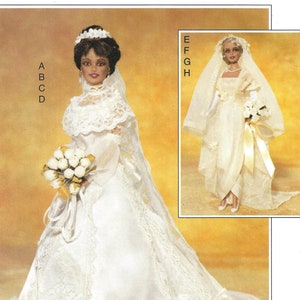 May include: A sewing pattern for a doll's wedding dress. The pattern includes instructions for making a white lace dress with a long veil and a bouquet of flowers. The pattern is from McCall's Crafts and is number 3898.