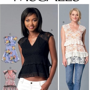 May include: A sewing pattern for a layered top with a lace overlay. The pattern is for sizes 6-8-10-12-14 and is from McCall's. The pattern number is M7388.