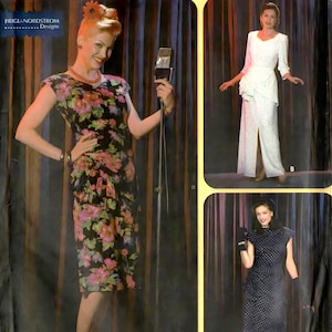 May include: A sewing pattern for three retro dresses. The pattern is from Simplicity and is for sizes 14, 16, 18, and 20. The dresses are shown on models in front of a stage curtain backdrop. The first dress is a floral print, the second is a white dress with a ruffle, and the third is a black polka dot dress.