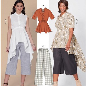 May include: McCall's M7985 sewing pattern featuring women's tops and pants. The pattern includes a sleeveless white top, a short-sleeved orange top, and two styles of pants. The size range is B5 (8-10-12-14-16).