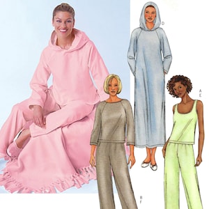 May include: A Butterick sewing pattern featuring illustrations of loungewear sets. The designs include a pink hooded sweatshirt and pants, a gray top and pants, a light blue hooded dress, and a green tank top and pants. The pattern number is 4038.