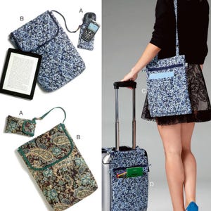 May include: McCall's M6668 sewing pattern for fashion accessories including quilted pouches, crossbody bags, and luggage covers. The pattern features blue and white floral or paisley prints, with illustrations showing finished bags and a suitcase cover.