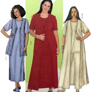 May include: A sewing pattern for a long dress with a vest. The pattern is for sizes 22W-24W-26W. The pattern is from Butterick and is labeled "Fast & Easy".