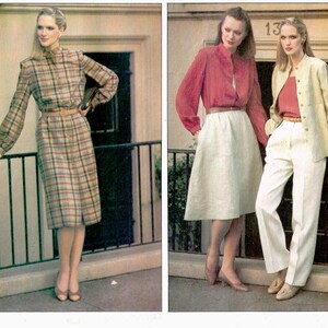 May include: A vintage fashion photograph featuring three women modeling different outfits. The outfits include a plaid dress, a red blouse and skirt, and a cream-colored jacket and pants. The image has the number "2649" at the bottom.
