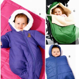 May include: McCall's M6635 sewing pattern for infant bunting bags in size YA5. The pattern features three variations: a purple hooded bunting with a teddy bear patch, a green stroller bunting with a cream fleece lining, and a blue quilted bunting.
