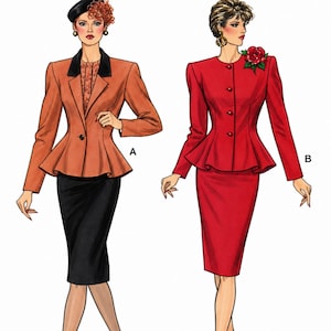 May include: Vogue Patterns illustration featuring two outfits. Outfit A shows a rust-colored peplum jacket with a black collar over a black pencil skirt. Outfit B shows a red peplum jacket with buttons and a red rose accent over a red pencil skirt.