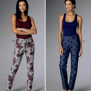 May include: Butterick Katherine Tilton sewing pattern B6327 featuring two variations of pants. View B shows grey pants with a red and purple floral print. View A shows blue pants with a dark blue polka dot pattern. Both are paired with tank tops.