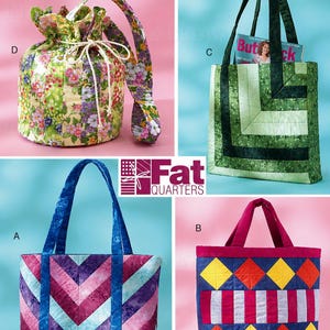 May include: Butterick B4248 sewing pattern for four distinct bags. View D is a floral drawstring bucket bag. View C is a green geometric tote. View A is a chevron-patterned tote with blue handles. View B is a colorful diamond-quilted tote bag.