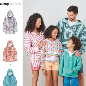 May include: Simplicity sewing pattern S9759 features a family wearing hooded pullovers. The pattern includes three pullover designs with a kangaroo pocket and hood. The image shows the pattern cover with illustrations and the Simplicity logo.