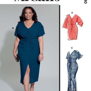 May include: A sewing pattern for a dress with a twist detail. The pattern includes three different styles: a short-sleeved dress with a high neckline, a short-sleeved dress with a V-neckline, and a long-sleeved dress with a V-neckline. The pattern is designed and printed in the USA.