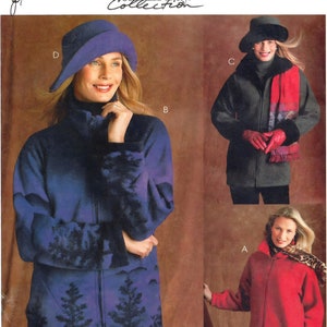May include: A sewing pattern for a jacket with a zipper closure. The pattern includes three different styles: a red jacket with a leopard print scarf, a black jacket with a red scarf, and a blue jacket with a tree print. The pattern is for sizes X-Small, Small, and Medium.