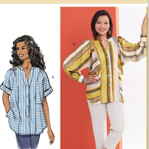 May include: A sewing pattern for a women's blouse with two different styles. The first style is a short-sleeved, striped blouse with a button-up front. The second style is a long-sleeved, striped blouse with a button-up front and a gathered sleeve. The pattern is from Butterick and the pattern number is B6943.