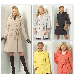 May include: A collection of women's coats in various styles and colors. The coats include a beige trench coat, a silver metallic coat, a black coat with bell sleeves, a yellow coat, and a coral coat. Each coat has unique design elements.