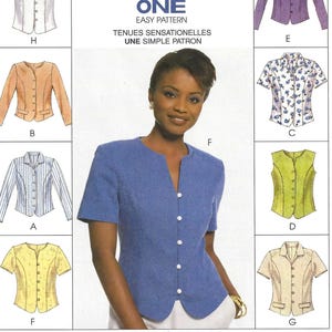 May include: McCall's sewing pattern featuring eight different jacket and blouse designs. The pattern includes a blue short-sleeved jacket, a yellow short-sleeved blouse, and other styles. The pattern is labeled "Petite-Able".