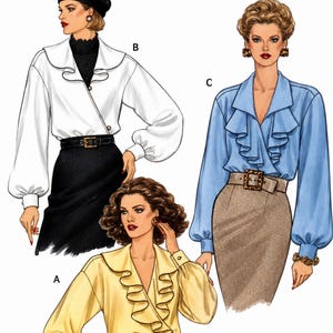 Vogue 8732 Sewing Pattern Misses Very Easy Loose Fitting Wrap Blouse with Collar and Flounce Variations sz 6-10 Uncut