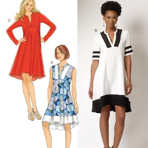 May include: Butterick sewing pattern B6209 featuring three dress designs. One dress is red with long sleeves, another is white with black trim and stripes, and the third is blue floral print.