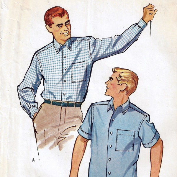 McCalls 4866 Sewing Pattern Mens Vintage 50s Shirt Short or Long Sleeves Button Front Collared Style with Pocket sz M Cut