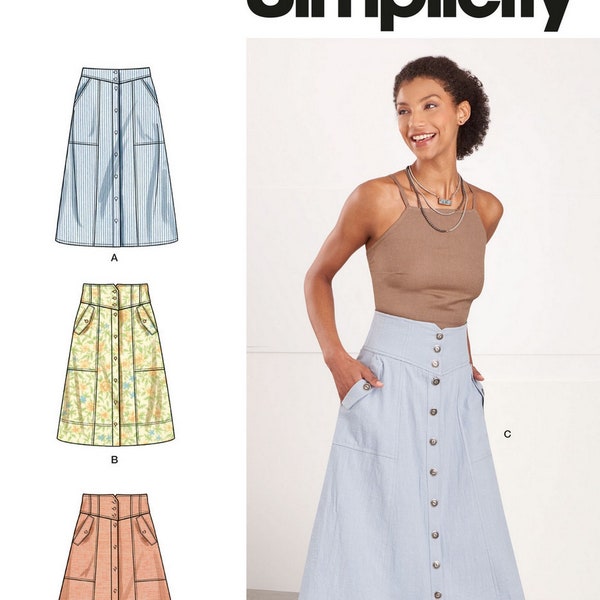Simplicity S9710 Sewing Pattern Misses Button Front Yoked Skirts with Hem and Pocket Variations sz 8-16 or 18-26 Uncut