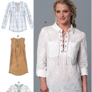May include: McCall's sewing pattern featuring a white lace-up shirt, a plaid shirt, a sleeveless dress, and a floral print shirt. The pattern includes the text "McCall's" and "M/7391".
