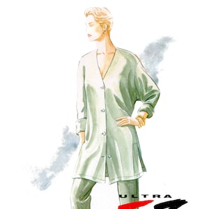 May include: Illustration of a light green outfit, featuring a long-sleeved button-down top and matching pants. The outfit is paired with gold sandals and a gold bracelet. The text "ULTRA EZ by VOGUE" is visible.