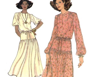 Vogue 9844 Sewing Pattern Misses Vintage 70s Loose Fitting Blouson Bodice Dress with Sleeve Variations sz 10 Uncut