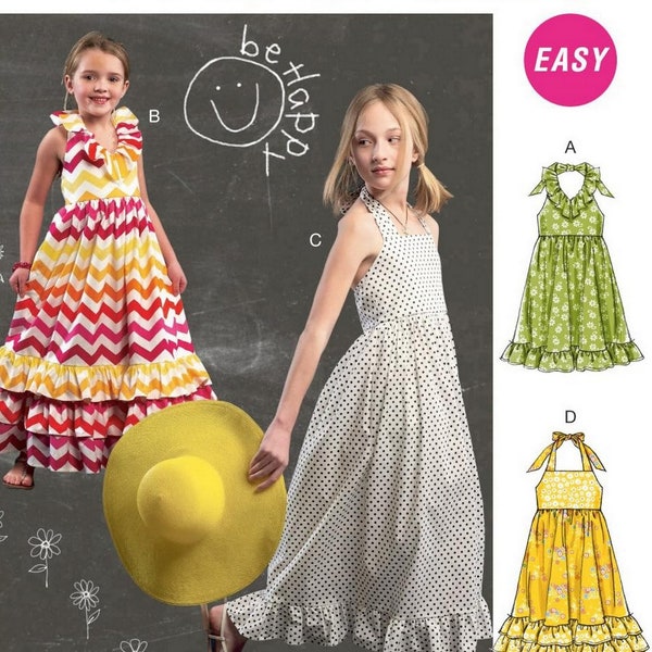 McCalls M6736 Sewing Pattern Childrens Easy Raised Waist Halter Dresses with Neckline and Ruffle Hem Variations sz 3-6 Uncut