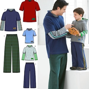 May include: A sewing pattern for a hooded sweatshirt and pants for both adults and children. The pattern is from Simplicity and is easy to sew. The pattern includes instructions for making a blue hooded sweatshirt with green and white striped sleeves, a red hooded sweatshirt, a light blue hooded sweatshirt, a gray hooded sweatshirt with green and white striped sleeves, green and black plaid pants, and blue pants.
