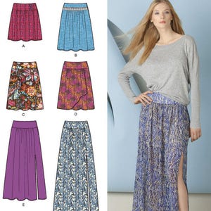 May include: Simplicity 1782 easy-to-sew pattern envelope featuring illustrations of six skirt variations labeled A through F, including knee-length and maxi-length styles with side slits, button details, and elasticized waistbands in various prints.