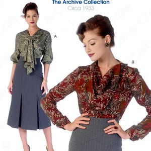 May include: McCall's sewing pattern M7053, featuring a vintage design from 1933. The pattern includes options for a blouse and skirt. The image shows a woman wearing the blouse with a paisley print and a gray skirt. The pattern size is A5 (6-8-10-12-14).