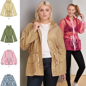 May include: Simplicity sewing pattern S8843 BB for jackets in sizes L-XXL. Includes illustrations of four jacket variations: a tan hooded jacket, an olive green hooded jacket, a pink sheer jacket, and a blue floral print jacket.