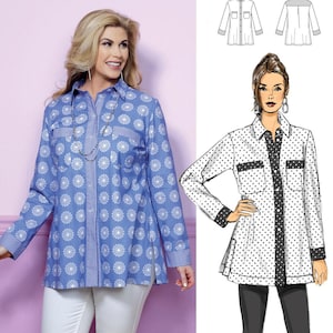 May include: Butterick B6465 sewing pattern for a button-down shirt with a collar, long sleeves, and two chest pockets. The pattern includes a photograph of a blue shirt with a white floral pattern and a black and white illustration of the design.