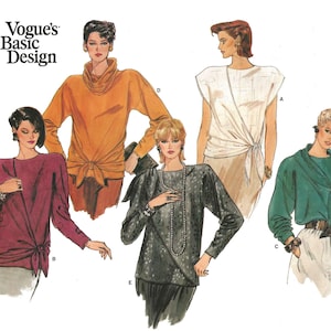 May include: Vogue's Basic Design pattern featuring five different blouse designs. The blouses are in various colors, including orange, white, burgundy, black, and green. Each blouse has unique features, such as tie details, cowl necks, and long sleeves.