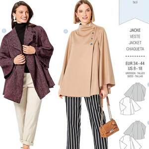 May include: A Burda Style sewing pattern, number 6275, featuring two jacket designs. One jacket is a burgundy and black tweed, the other is a tan wrap jacket. The pattern includes sizes US 8-18.