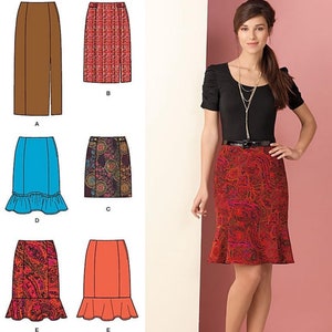 May include: Simplicity sewing pattern number 1591 H5 for skirts in sizes US 6, 8, 10, 12, 14, Talla Euro 32-40, Taille Fr. 34-42. The pattern includes five different skirt styles: a brown A-line skirt with a slit, a red and white plaid A-line skirt with a slit, a turquoise A-line skirt with a ruffle, a paisley print A-line skirt with a ruffle, and a coral A-line skirt with a ruffle.