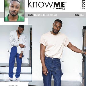 May include: A sewing pattern envelope titled Norris Danta Ford knowME by Mimi G, size BB (44-46-48-50-52), featuring two garment styles: a light gray cardigan with blue trousers, and a beige t-shirt with dark blue denim work pants with pockets.