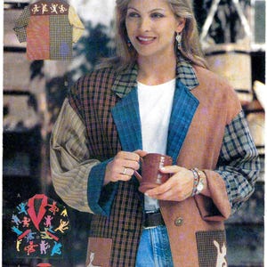 May include: Butterick sewing pattern featuring a patchwork blazer design. The blazer has a brown, blue, and plaid pattern with a unique applique design. The pattern includes all sizes and is from Shirley Stevenson Designs.