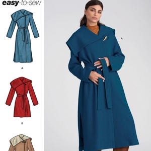 May include: Simplicity sewing pattern R10348 H5 for a coat with a wide collar, long sleeves, and a tie belt. The pattern includes three variations: a long teal coat, a shorter red coat, and a shorter tan coat with a contrasting light-colored collar.