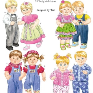 May include: Simplicity 4268 sewing pattern for 15 inch baby doll clothes designed by Teri. The illustration features eight dolls wearing various outfits including overalls, dresses, pajamas, and shirts with colorful patterns and accessories.