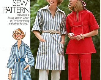 Simplicity 7250 Sewing Pattern Misses Vintage 70s Pullover Dress or Top and Pants Learn How to Sew Series sz 8 Uncut