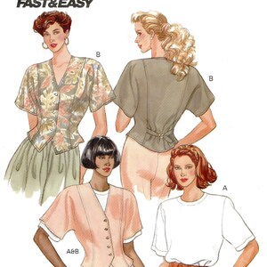 May include: Butterick Fast & Easy sewing pattern featuring illustrations of women's tops and a skirt. The tops include a button-down vest, a short-sleeved blouse, and a white t-shirt. The pattern is for sizes A and B.