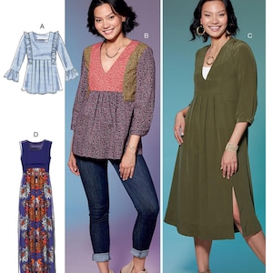 May include: McCall's sewing pattern M7650 featuring four garment options. Includes a ruffled top, a color-blocked tunic, an olive green dress with a side slit, and a patterned maxi dress. The McCall's logo is at the top.