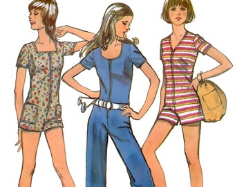 Simplicity 9981 Sewing Pattern for Juniors Vintage 70s Jumpsuit with Neckline Interest in Two Lengths sz 5JP Cut
