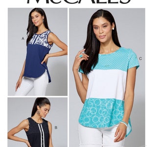 May include: McCall's M7600 sewing pattern featuring three different women's tops. The tops include sleeveless and short-sleeved options with various design details, including polka dots and patterned accents. The pattern includes size B5 (8-10-12-14-16).