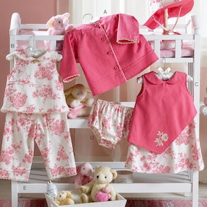 May include: A Vogue for Me V8060 sewing pattern for children's clothing. The image displays a pink jacket, a floral print top and pants set, a solid pink and floral dress, floral bloomers, and a matching sun hat, all labeled with letters A through F.