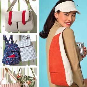 May include: Butterick B4147 sewing pattern for various bags including a beige messenger bag with red straps, a floral backpack, a plaid backpack, a striped shoulder bag, a floral shoulder bag, and a two-tone orange and beige sling backpack.