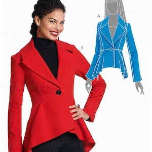 May include: McCall's M5980 sewing pattern envelope featuring a red long-sleeve jacket with a single button closure, a high-low peplum hem, and wide lapels. The package includes a blue line drawing illustration of the jacket design, size A5, and a barcode.