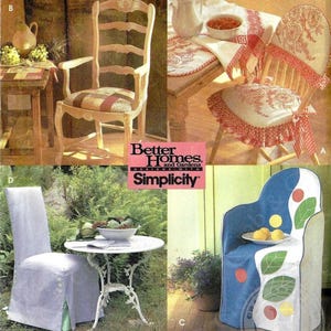 May include: A Simplicity Crafts sewing pattern for chair covers. The pattern includes four different designs: a chair with a floral print, a chair with a red and white gingham print, a chair with a blue and white print, and a chair with a solid blue print. The pattern is for one size.