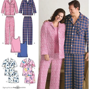 May include: Simplicity sewing pattern number 3971 for a pair of pajamas. The pattern includes a long-sleeved top and pants for both a man and a woman. The woman's pajamas are pink with a floral print, and the man's pajamas are blue and white plaid. The pattern also includes a short-sleeved top and shorts for a child.