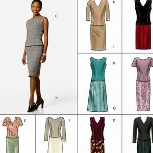 May include: A Vogue Easy Options sewing pattern envelope, number 2218, featuring illustrations of various two-piece outfits including sleeveless tops, skirts, and dresses in diverse colors, patterns, and sleeve lengths, with a photograph of a grey plaid set.