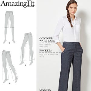 May include: Simplicity sewing pattern 8056 for trousers and shorts in sizes 10-18. The pattern features a contour waistband that sits 1 inch below the waistline, pockets that stay flat against the body, and a modern flared leg design.
